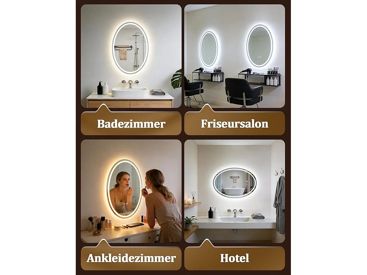 ZMH Miroir de salle de bain ovale avec éclairage LED 50x70cm mural IP44 tactile antibuée dimmable 3000K-6500K