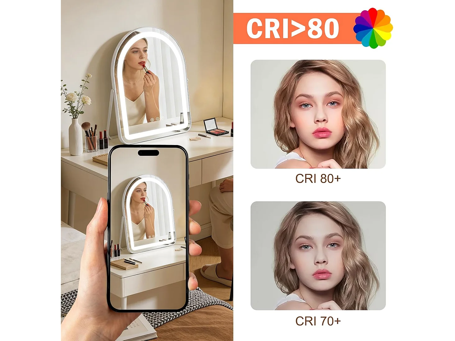 ZMH Miroir De Maquillage Hollywood Mirror 35×45Cm Avec 3 Modes D'éclairage Intensité Variable