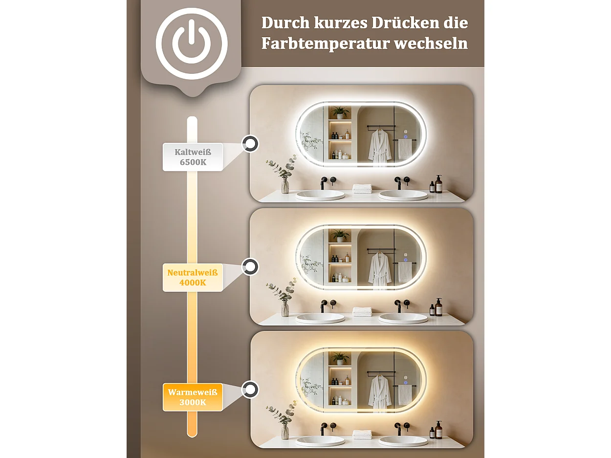 ZMH Miroir de salle de bain ovale LED 60x120cm mural tactile antibuée IP44 dimmable 3000K-6500K