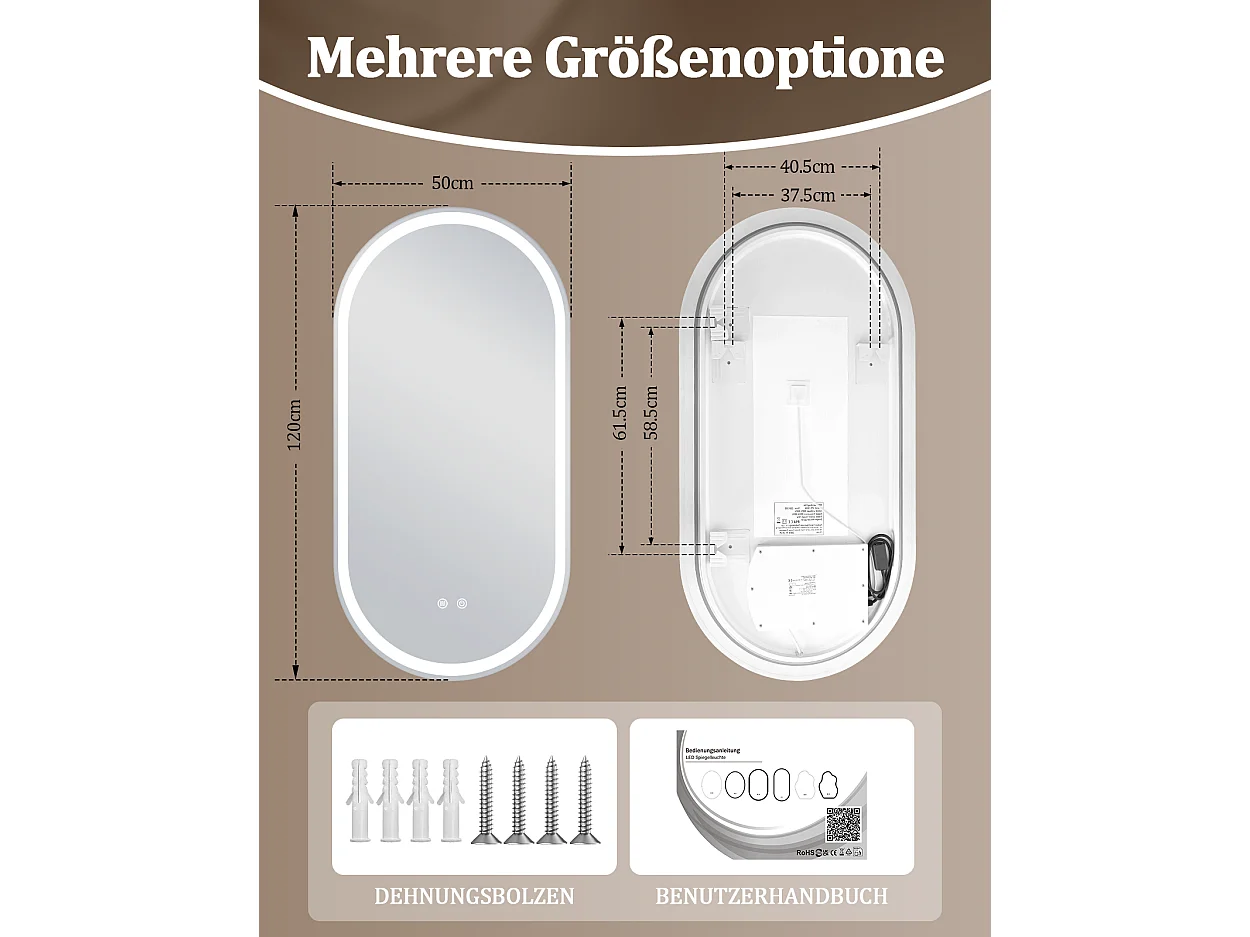 ZMH Miroir de salle de bain ovale LED 60x120cm mural tactile antibuée IP44 dimmable 3000K-6500K