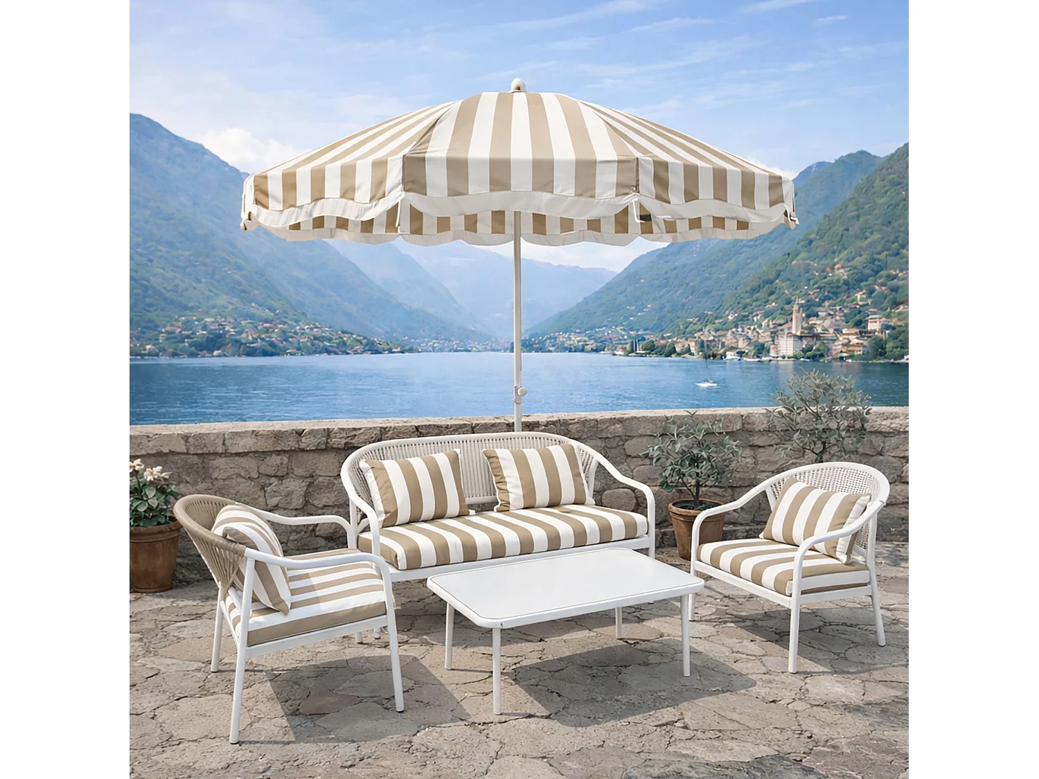 Now's Home - Salon De Jardin En Acier Blanc Tissu Rayé Blanc Et Taupe  Positano