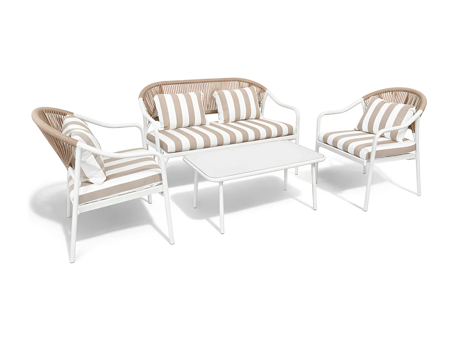 Now's Home - Salon De Jardin En Acier Blanc Tissu Rayé Blanc Et Taupe  Positano