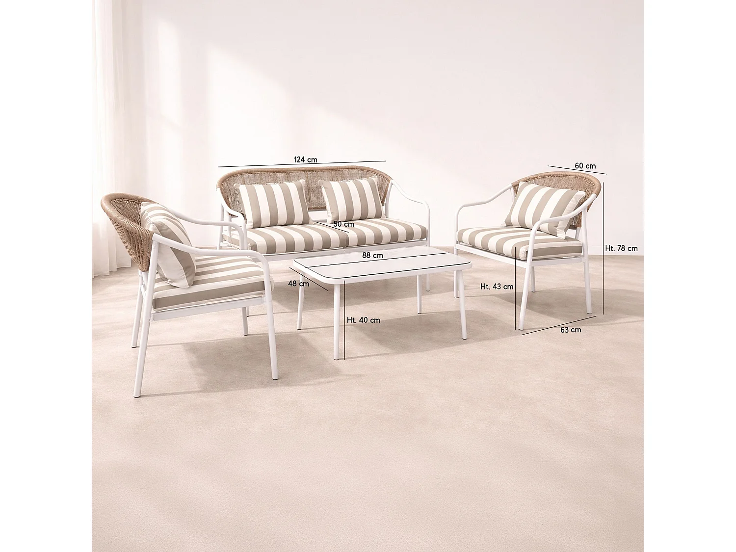 Now's Home - Salon De Jardin En Acier Blanc Tissu Rayé Blanc Et Taupe  Positano