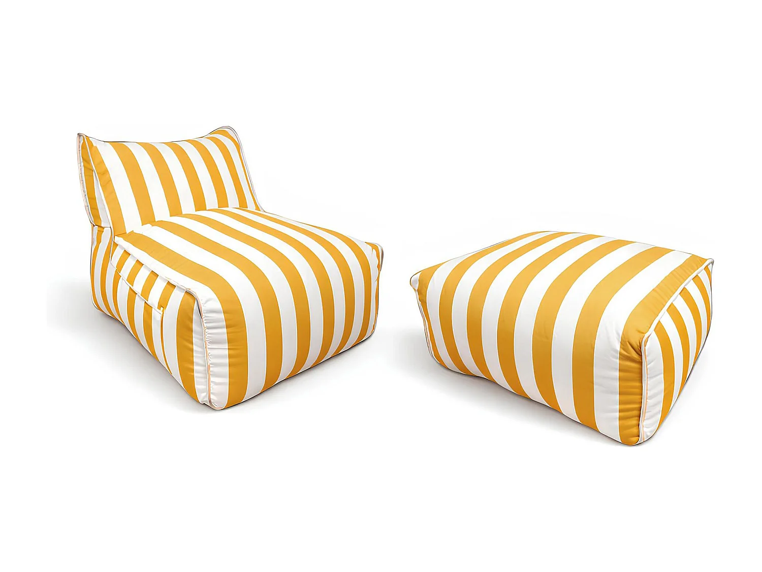 Now's Home - Ensemble Fauteuil+pouf Compresses Rayes Bouton D'or Et Blanc Flavio