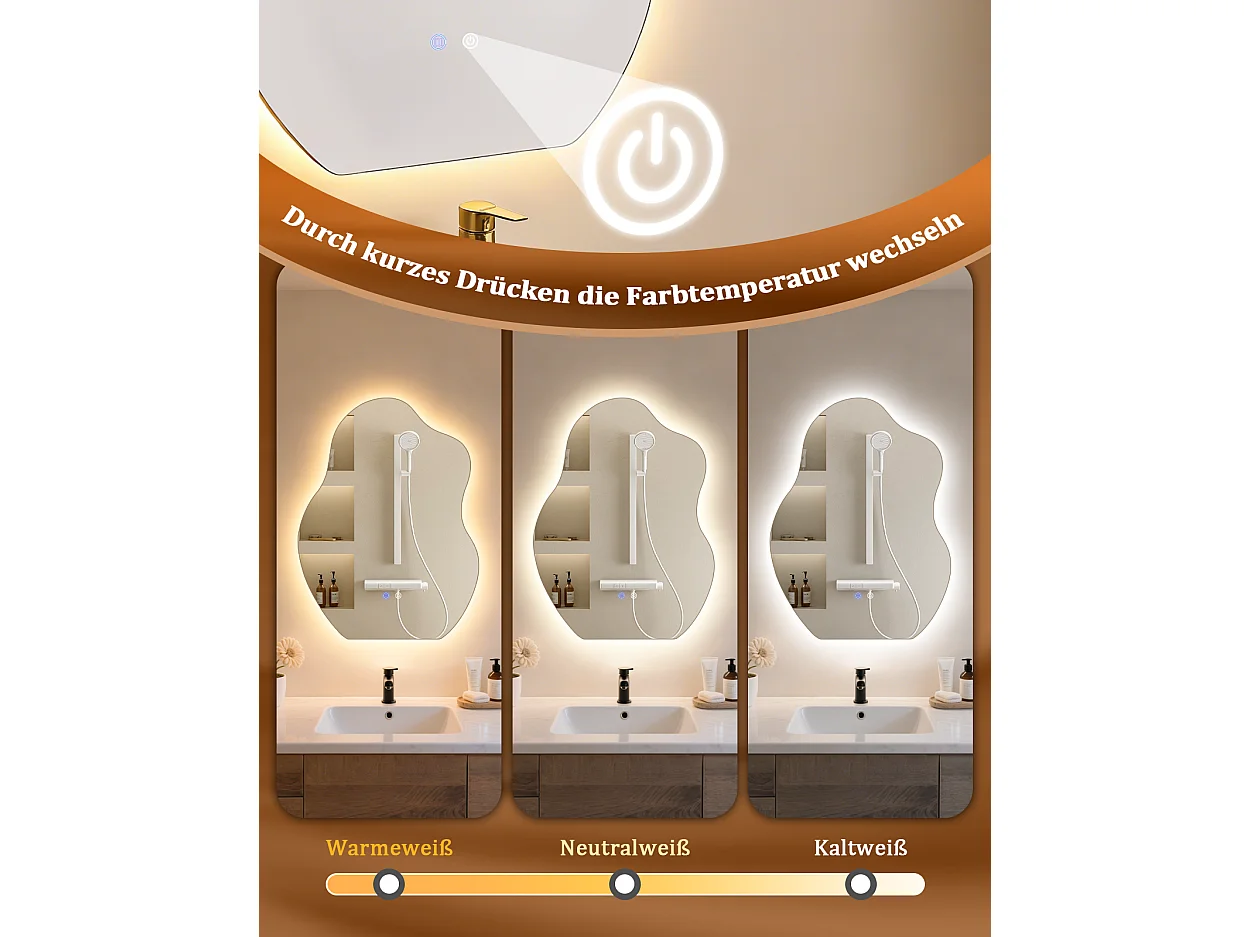 ZMH Miroir de salle de bain LED asymétrique 60x80cm IP44 interrupteur tactile antibuée fonction dimmable 3000K-6500K mural