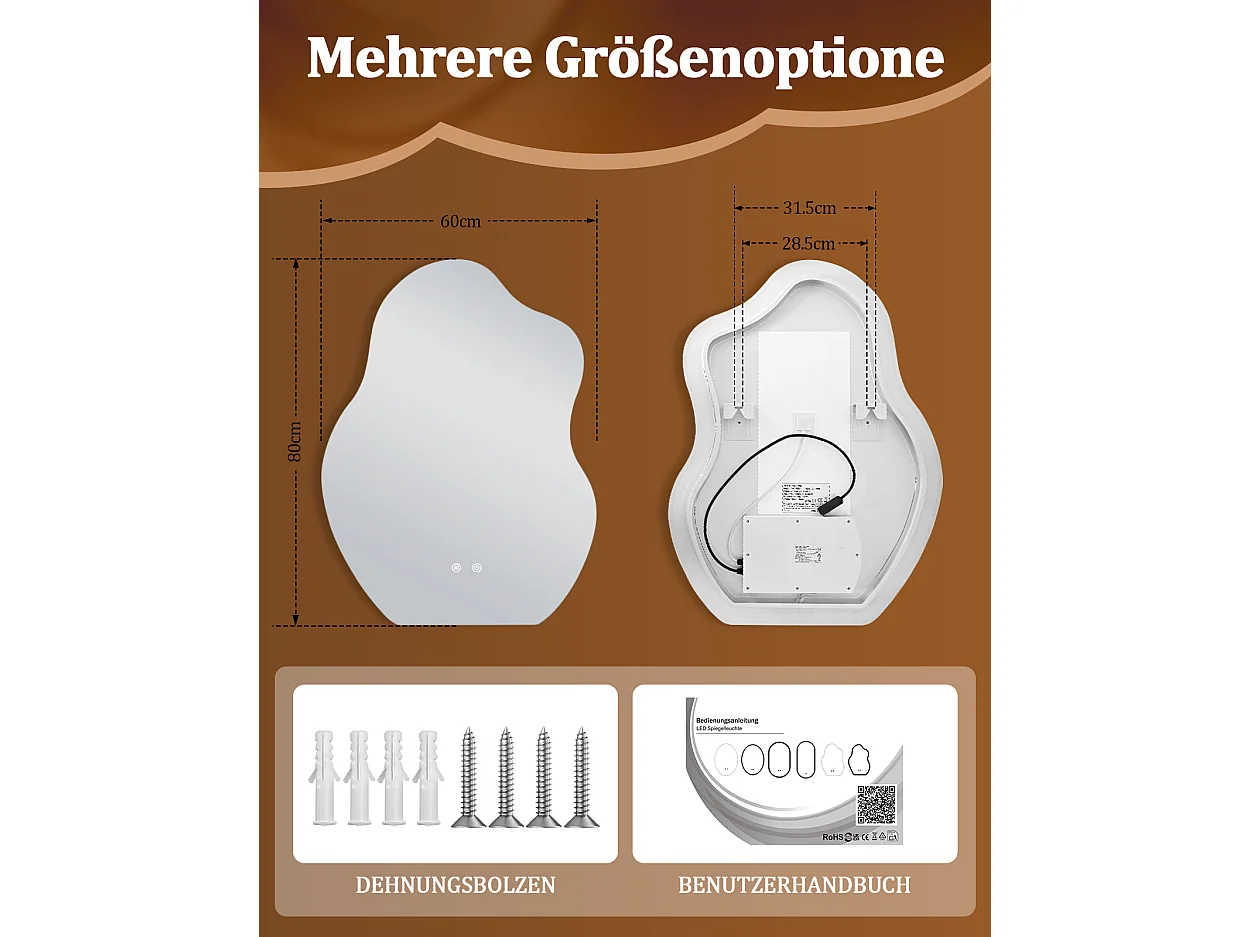 ZMH Miroir de salle de bain LED asymétrique 60x80cm IP44 interrupteur tactile antibuée fonction dimmable 3000K-6500K mural