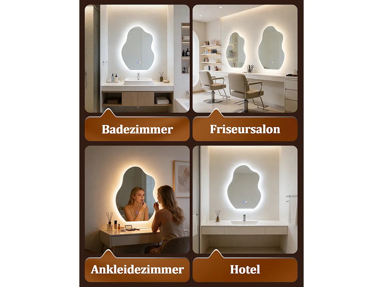 ZMH Miroir de salle de bain LED asymétrique 60x80cm IP44 interrupteur tactile antibuée fonction dimmable 3000K-6500K mural