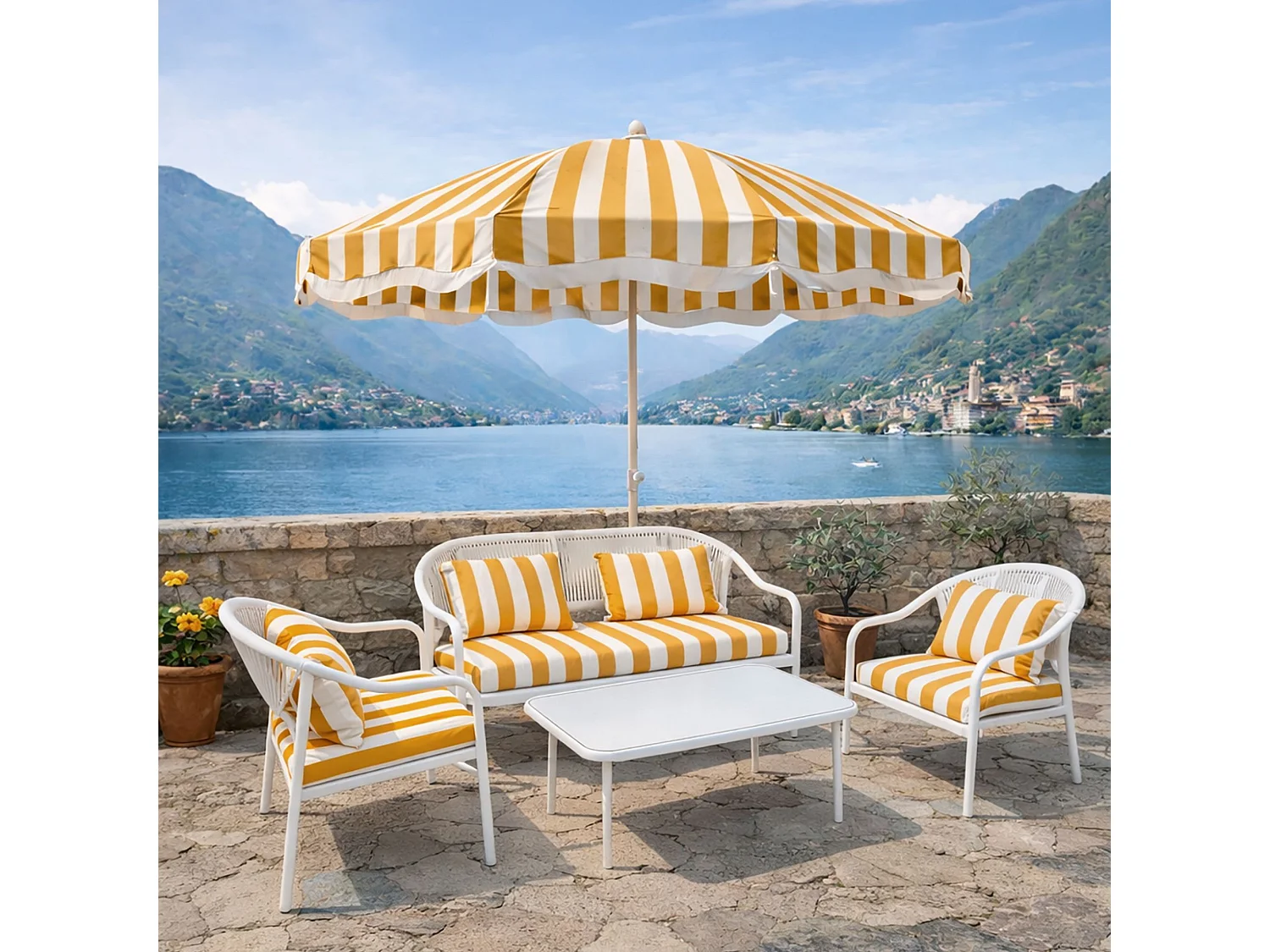 Now's Home - Salon De Jardin En Acier Blanc Tissu Rayé Blanc Et Bouton D'or Positano