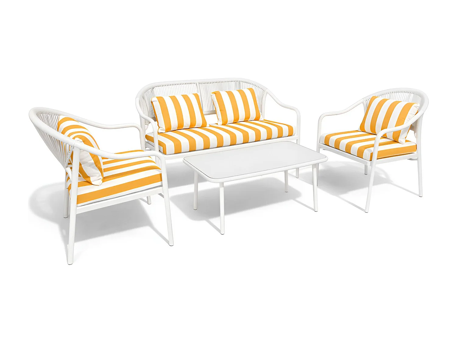 Now's Home - Salon De Jardin En Acier Blanc Tissu Rayé Blanc Et Bouton D'or Positano