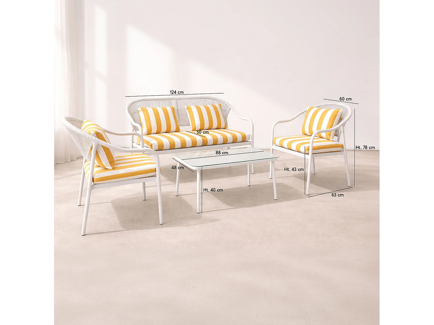 Now's Home - Salon De Jardin En Acier Blanc Tissu Rayé Blanc Et Bouton D'or Positano