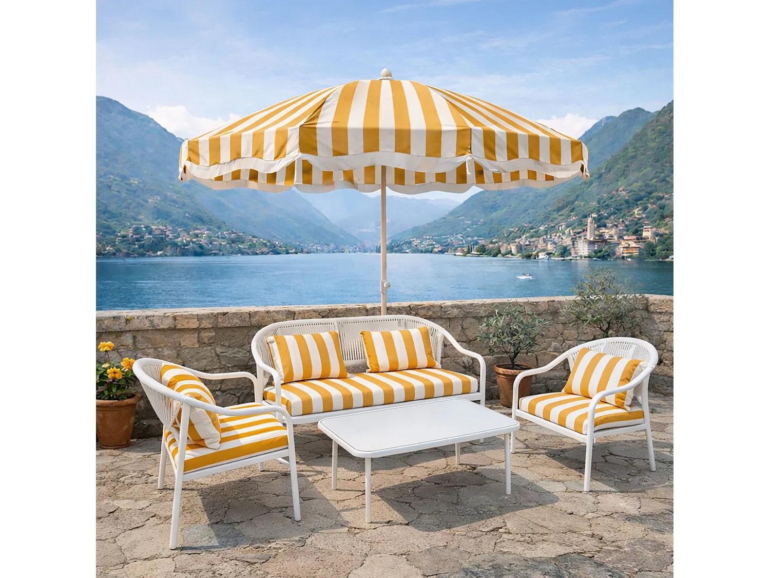 Now's Home - Ensemble Salon Jardin En Acier + Parasol Blanc Et Bouton D Or Positano