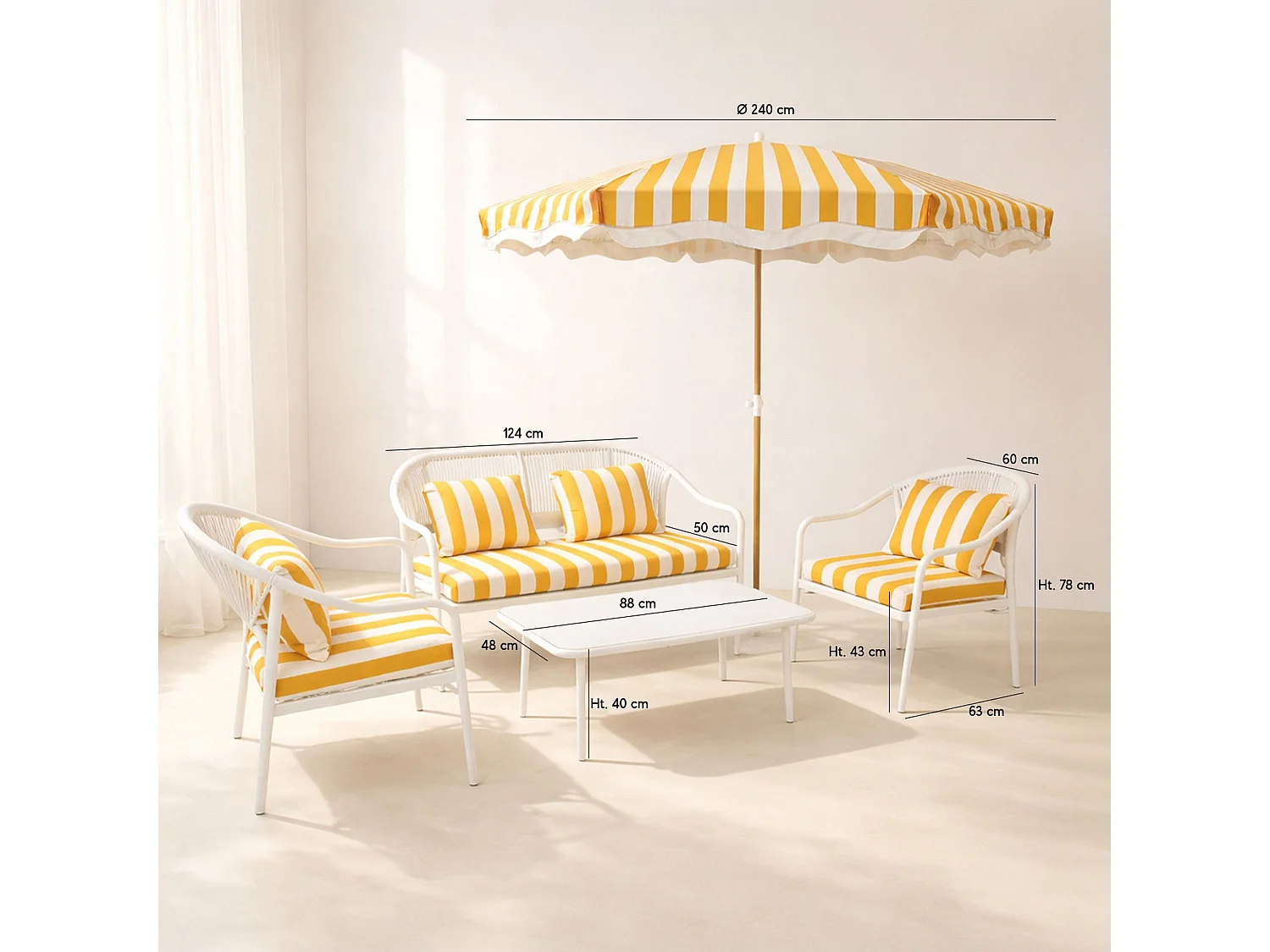 Now's Home - Ensemble Salon Jardin En Acier + Parasol Blanc Et Bouton D Or Positano
