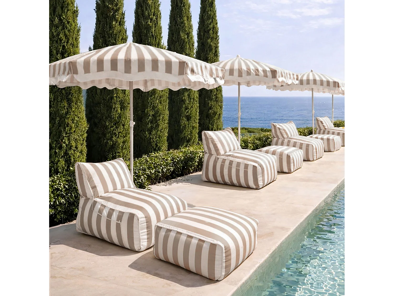Now's Home - Ensemble Fauteuil+pouf Compresses Rayes Taupe Et Blanc Flivio