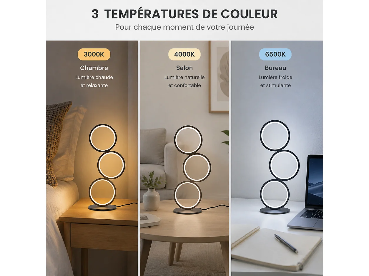 Lampe à Poser en Anneau Métal Design - D. 14 x H.38 cm - Noir Dimmable 12W - ZMH