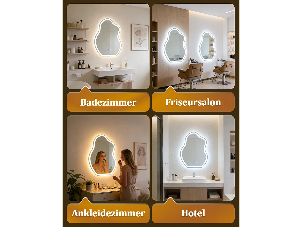 ZMH Miroir de salle de bain LED asymétrique 60x80cm IP44 interrupteur tactile antibuée dimmable 3000K-6500K mural