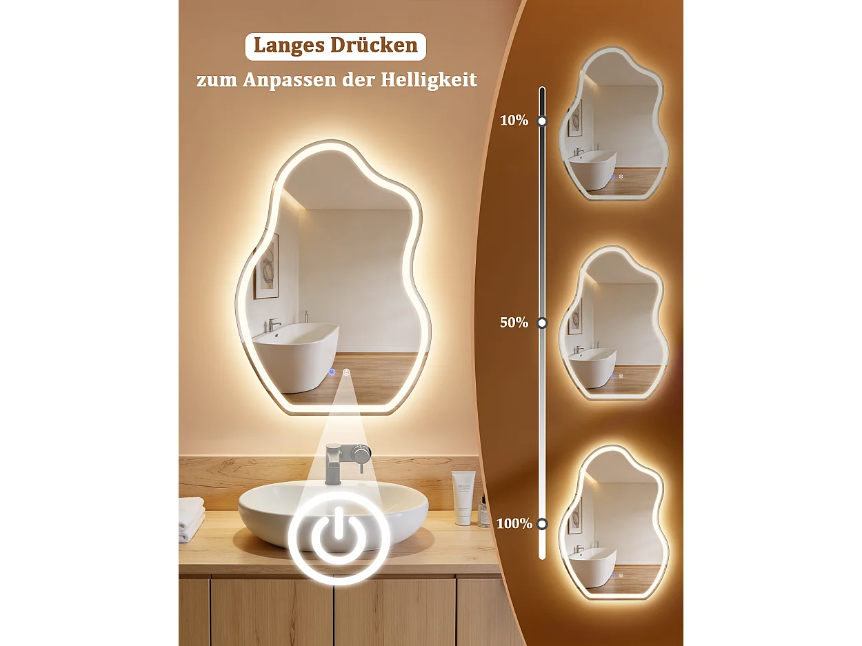 ZMH Miroir de salle de bain LED asymétrique 50x70cm IP44 interrupteur tactile antibuée dimmable 3000K-6500K mural
