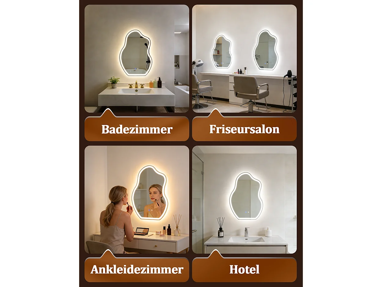 ZMH Miroir de salle de bain LED asymétrique 50x70cm IP44 interrupteur tactile antibuée dimmable 3000K-6500K mural