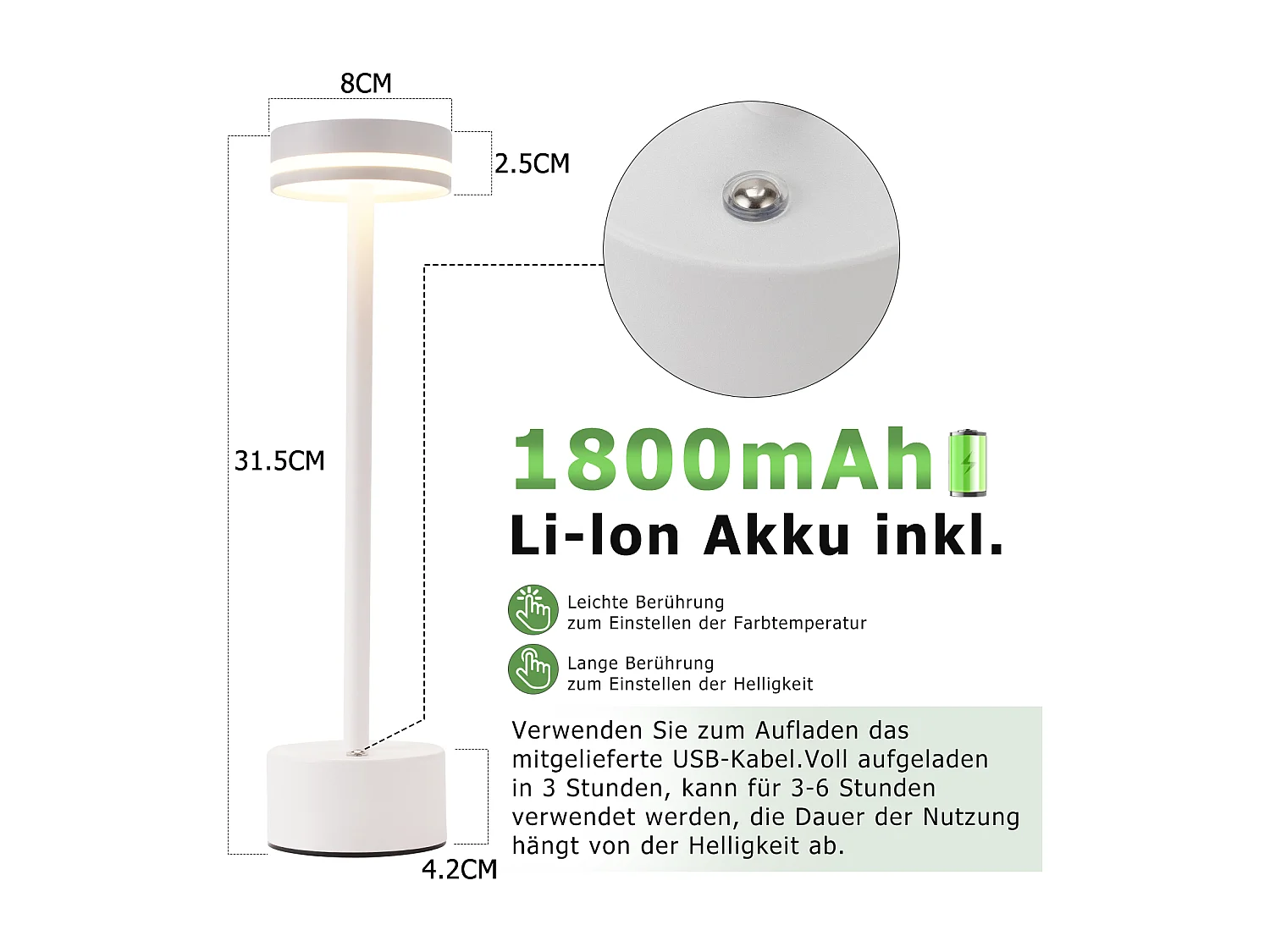ZMH Lampe LED de Table et Chevet - Sans Fil Tactile Intensité Variable H.32 cm- Blanche- Lot de 2