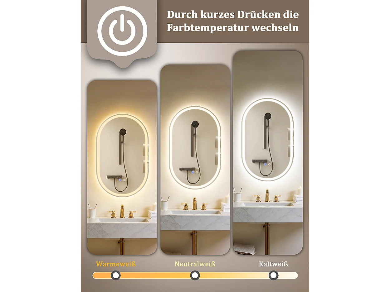 ZMH Miroir de salle de bain ovale LED 50x80cm mural tactile antibuée IP44 dimmable 3000K-6500K