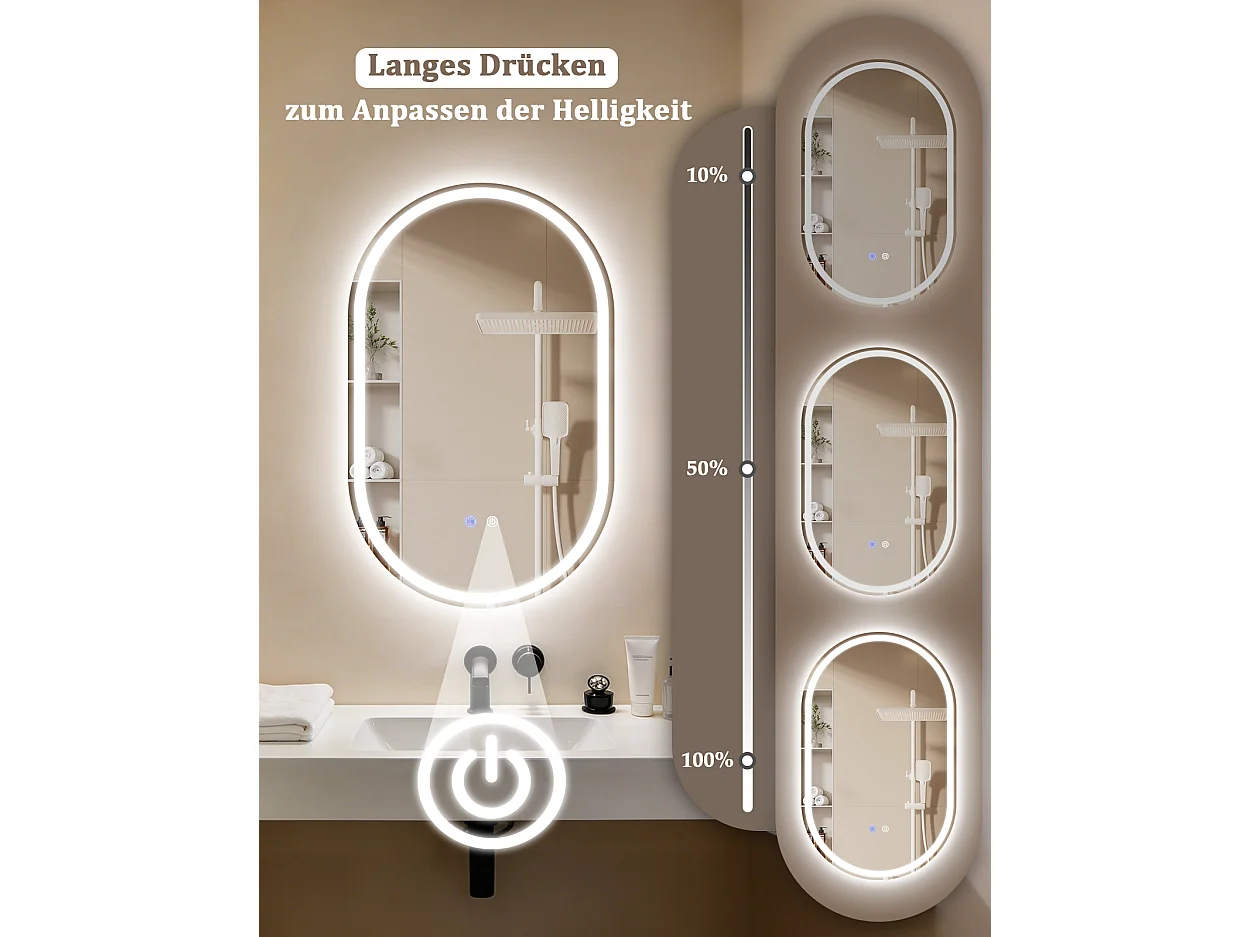 ZMH Miroir de salle de bain ovale LED 50x80cm mural tactile antibuée IP44 dimmable 3000K-6500K