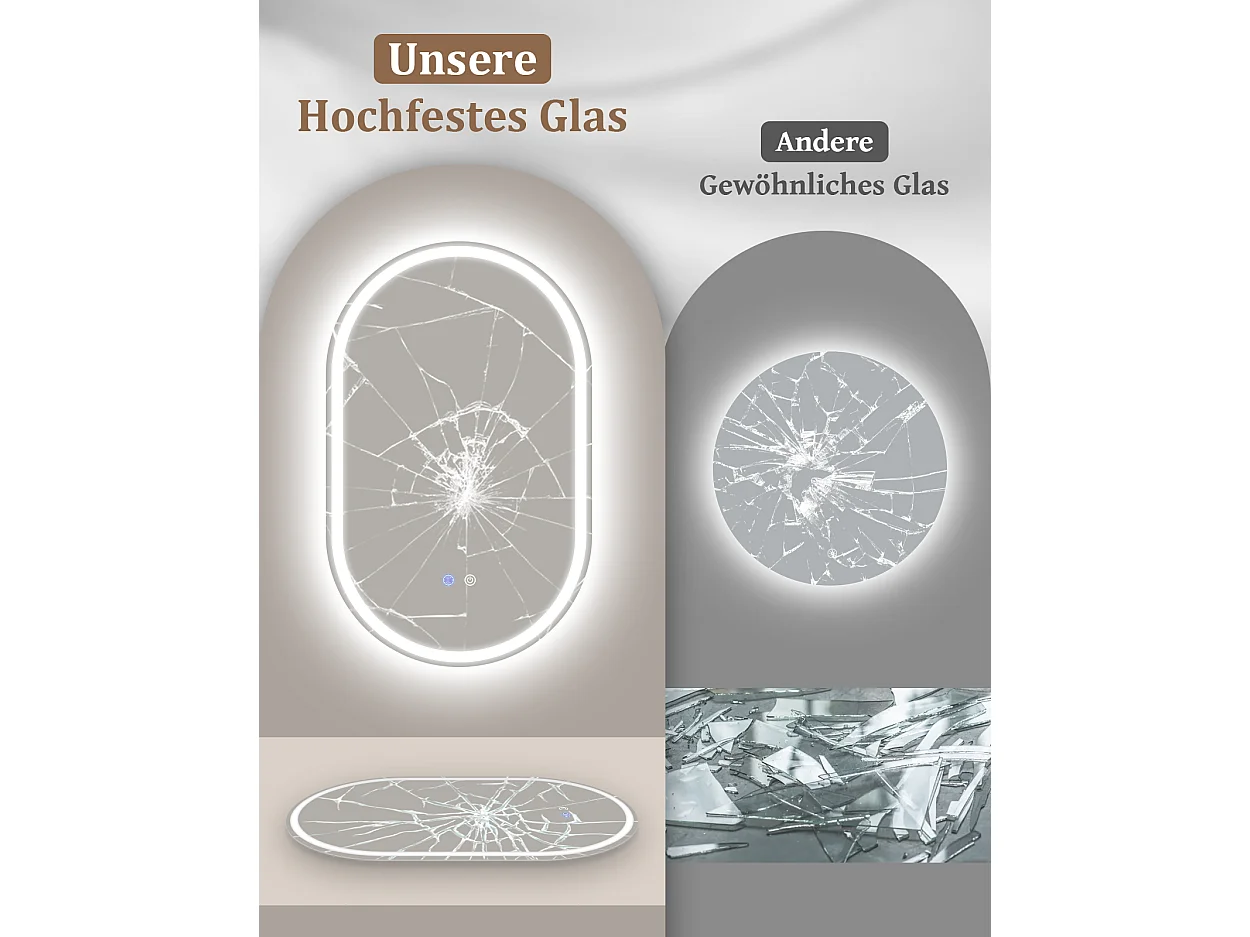 ZMH Miroir de salle de bain ovale LED 50x80cm mural tactile antibuée IP44 dimmable 3000K-6500K