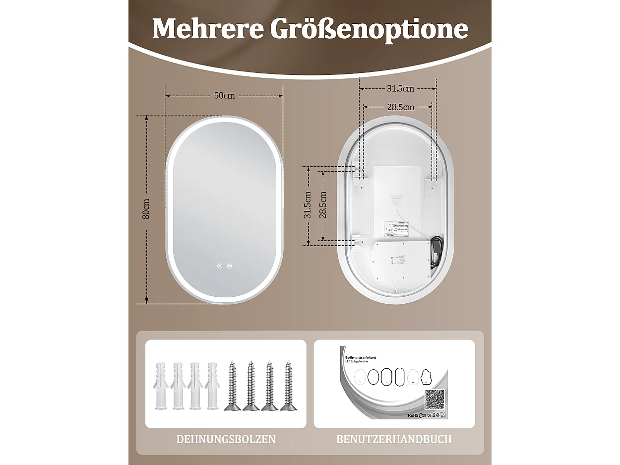 ZMH Miroir de salle de bain ovale LED 50x80cm mural tactile antibuée IP44 dimmable 3000K-6500K