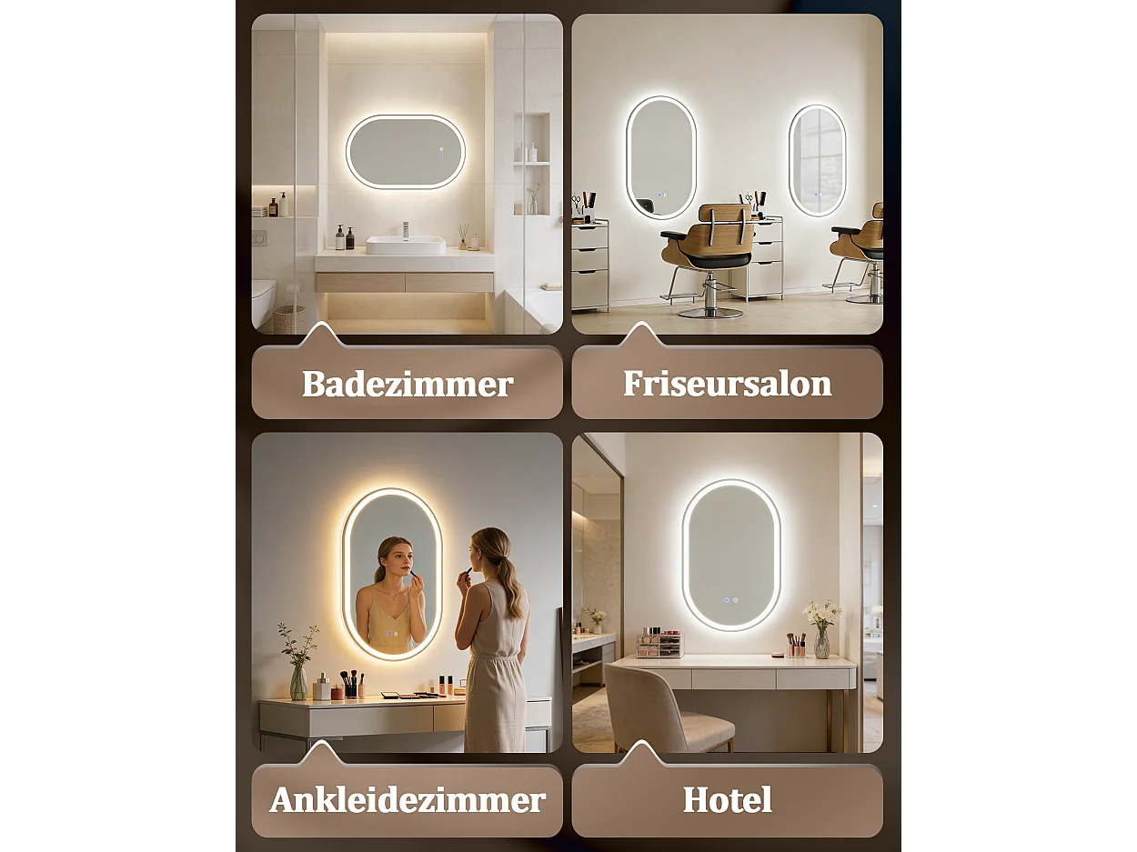 ZMH Miroir de salle de bain ovale LED 50x80cm mural tactile antibuée IP44 dimmable 3000K-6500K