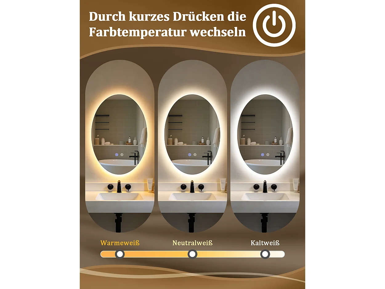 ZMH Miroir de salle de bain ovale LED 60x80cm mural IP44 interrupteur tactile antibuée dimmable 3000K-6500K