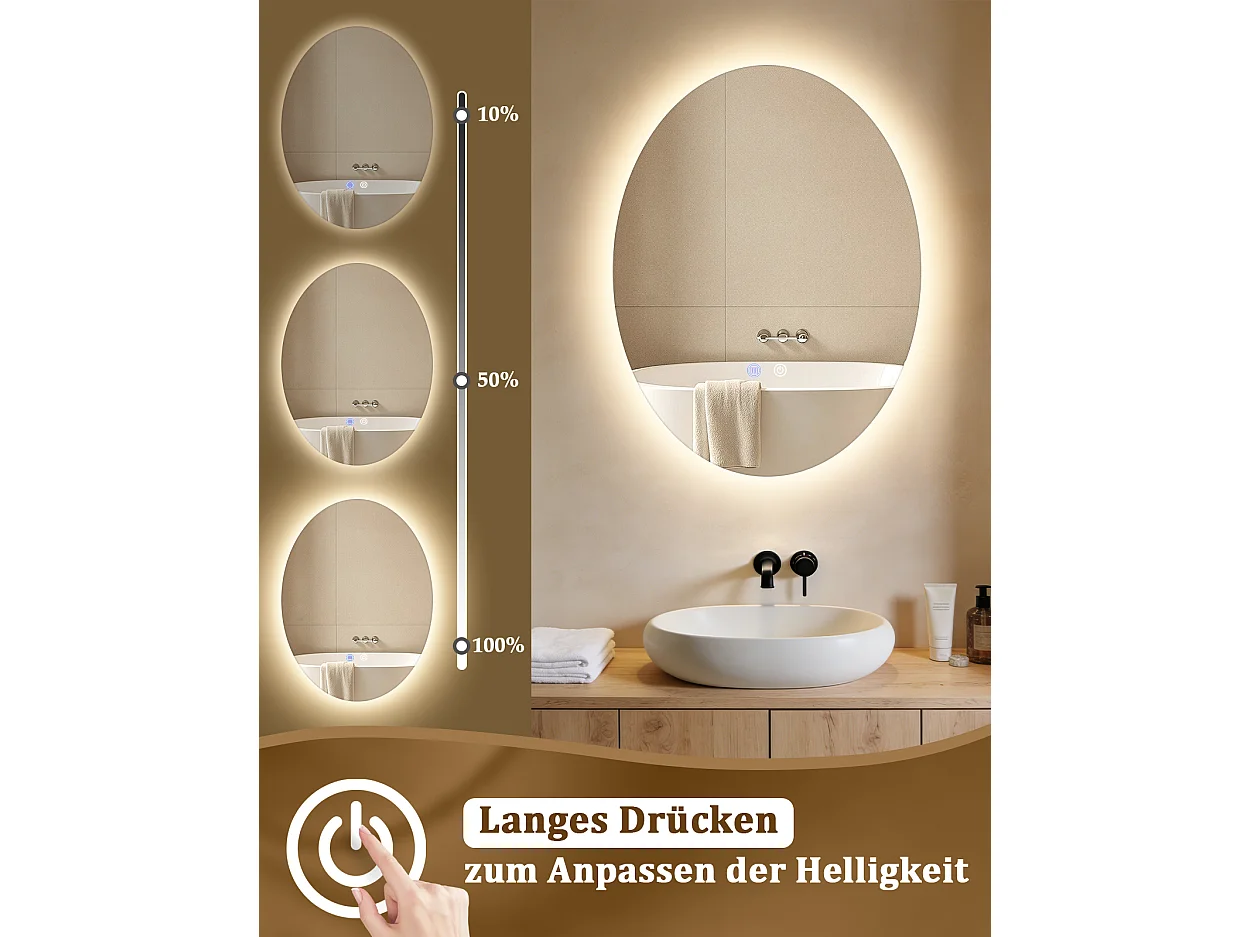 ZMH Miroir de salle de bain ovale LED 60x80cm mural IP44 interrupteur tactile antibuée dimmable 3000K-6500K