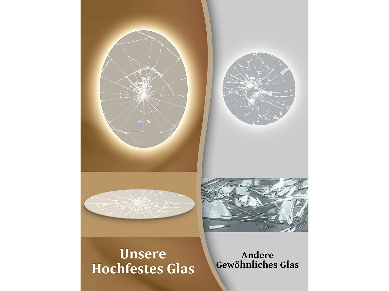 ZMH Miroir de salle de bain ovale LED 60x80cm mural IP44 interrupteur tactile antibuée dimmable 3000K-6500K