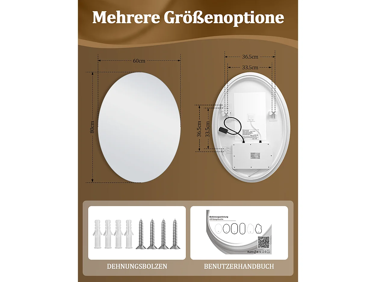 ZMH Miroir de salle de bain ovale LED 60x80cm mural IP44 interrupteur tactile antibuée dimmable 3000K-6500K