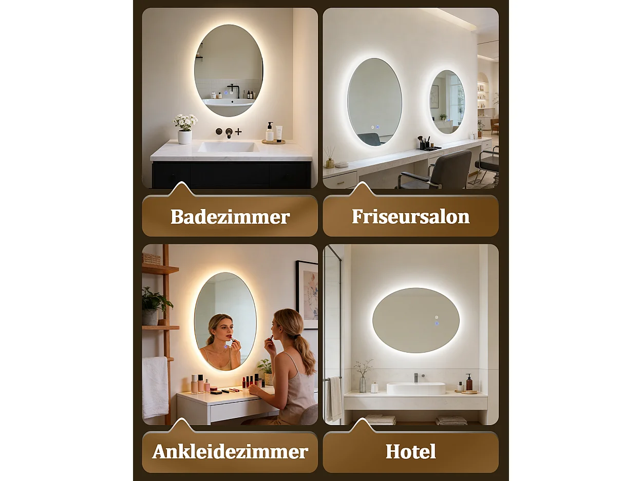 ZMH Miroir de salle de bain ovale LED 60x80cm mural IP44 interrupteur tactile antibuée dimmable 3000K-6500K