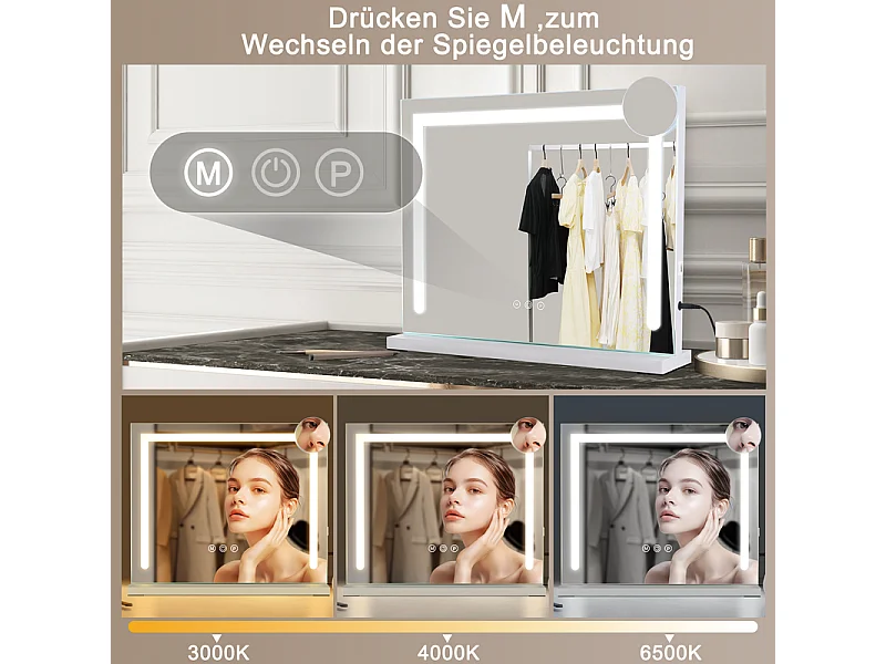 ZMH Miroir De Maquillage Avec Éclairage 70x55x12Cm Miroir LED à Intensité Variable Avec 3 Modes D'éclai