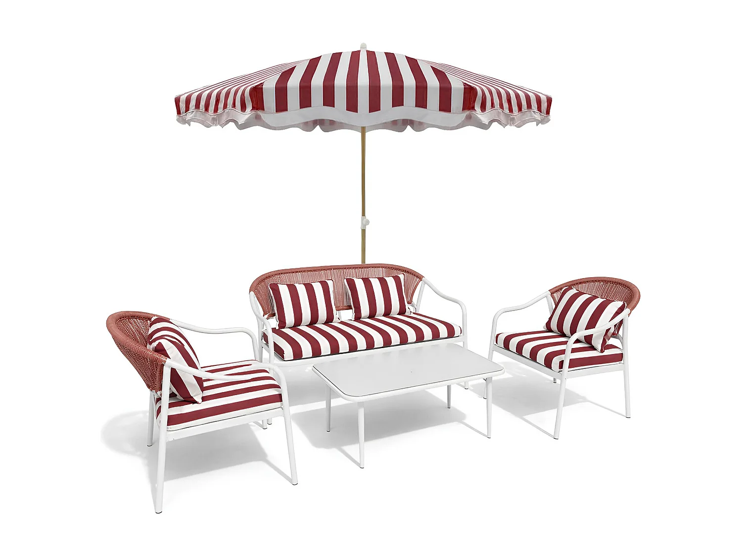 Now's Home - Ensemble Salon De Jardin En Acier + Parasol Blanc Et Coquelicot Positano