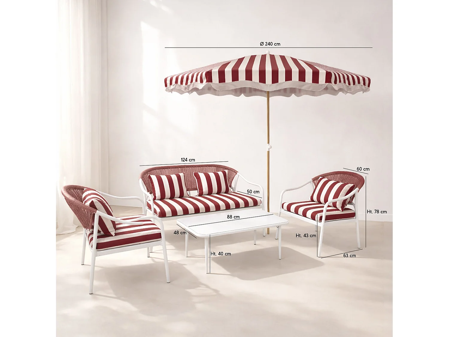 Now's Home - Ensemble Salon De Jardin En Acier + Parasol Blanc Et Coquelicot Positano