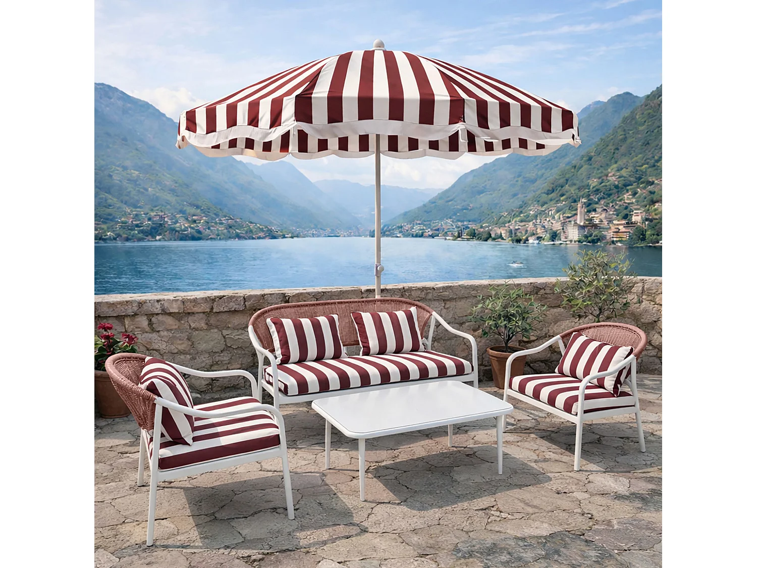 Now's Home - Salon De Jardin En Acier Blanc Tissu Rayé Blanc Et Coquelicot Positano