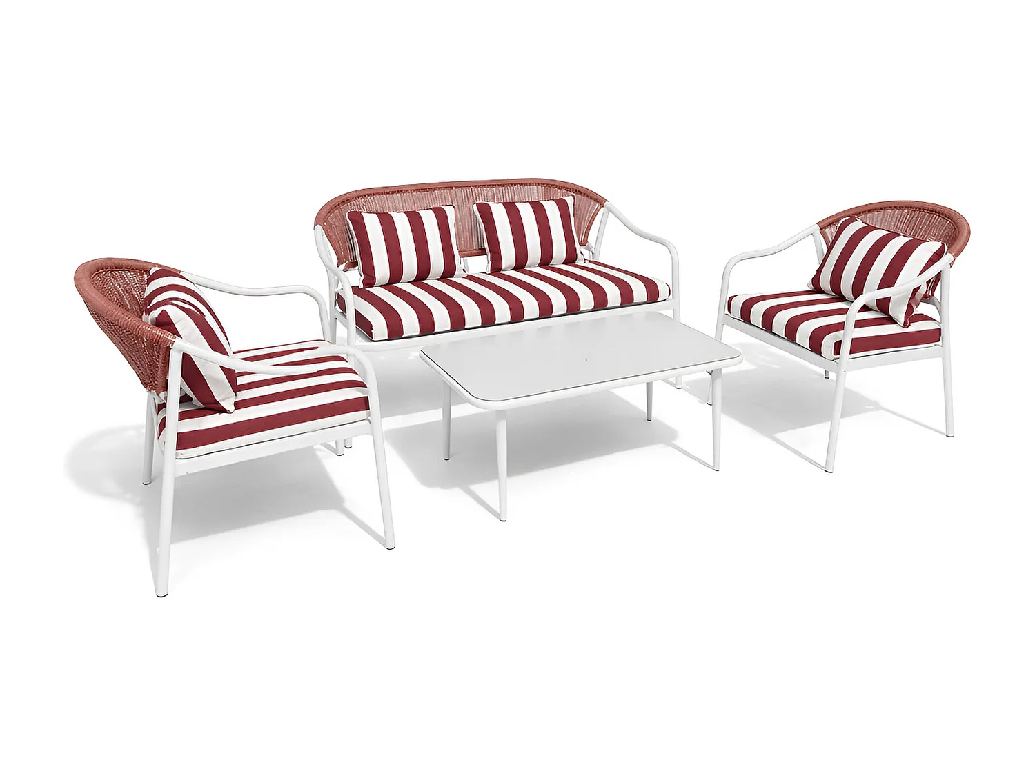 Now's Home - Salon De Jardin En Acier Blanc Tissu Rayé Blanc Et Coquelicot Positano