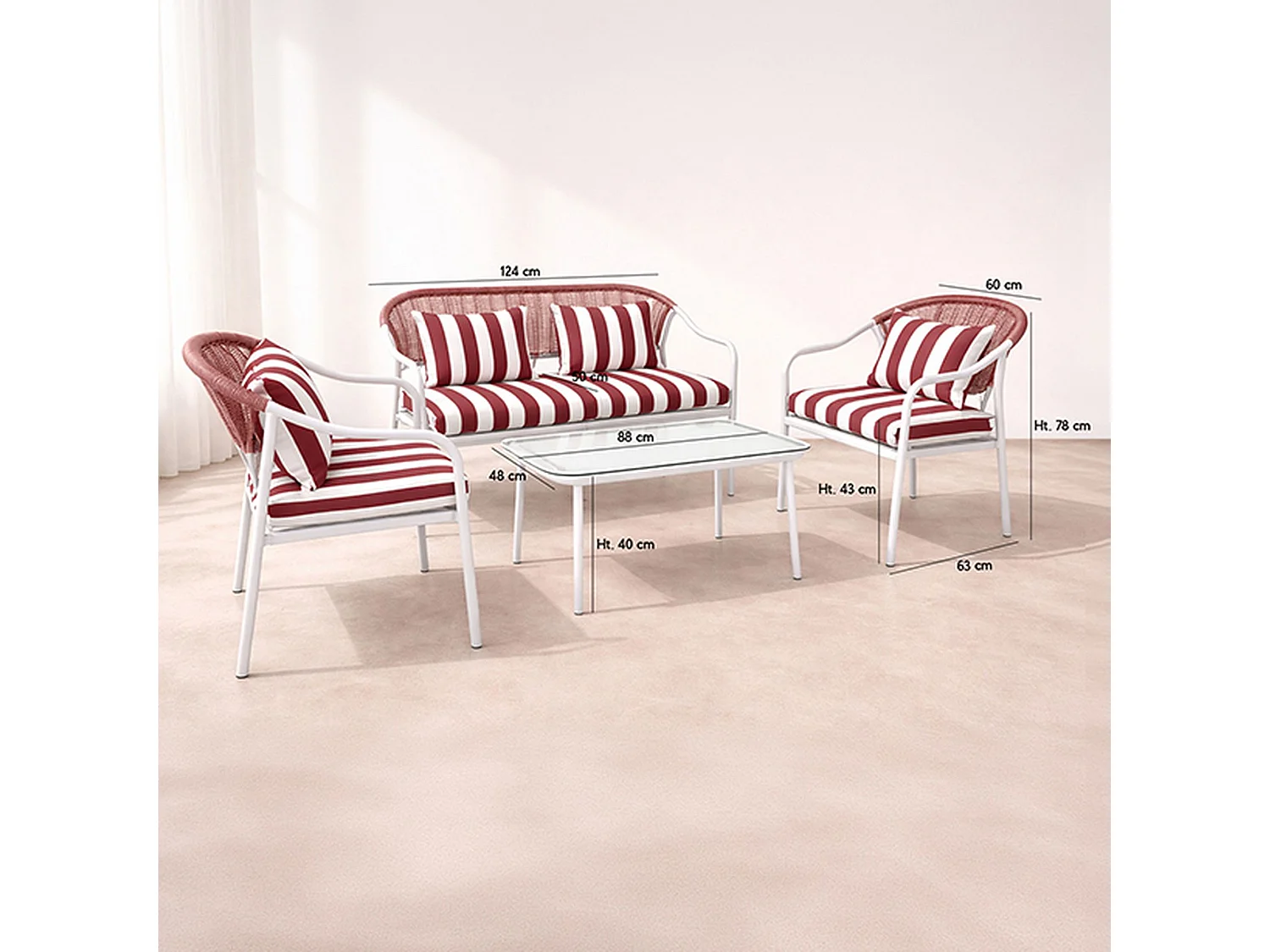 Now's Home - Salon De Jardin En Acier Blanc Tissu Rayé Blanc Et Coquelicot Positano
