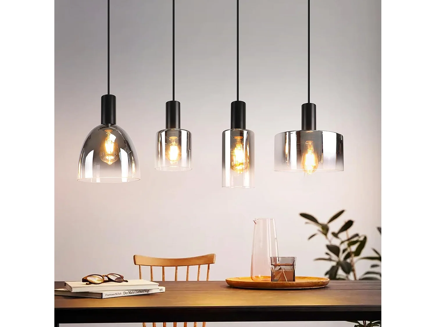 ZMH Suspension Lustre salle à manger 4 flammes E27 gris fumée 180CM Suspension Lustre cage d'escalier
