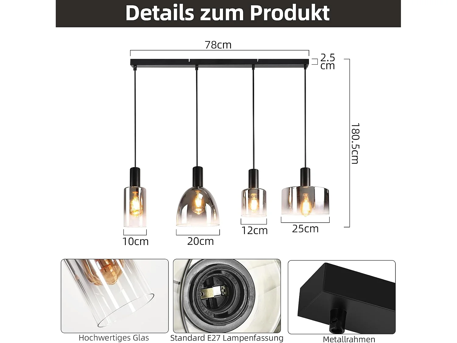 ZMH Suspension Lustre salle à manger 4 flammes E27 gris fumée 180CM Suspension Lustre cage d'escalier