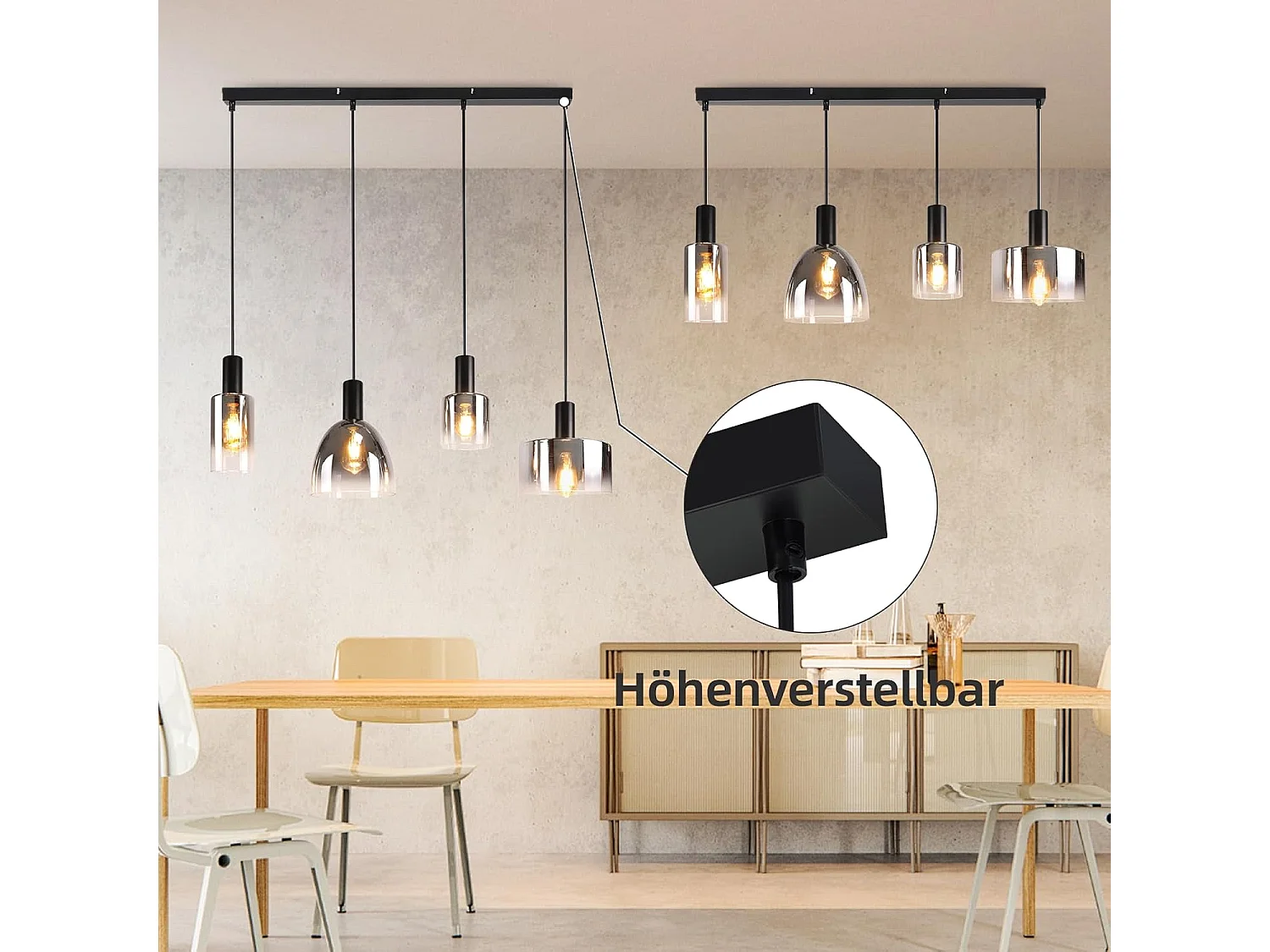 ZMH Suspension Lustre salle à manger 4 flammes E27 gris fumée 180CM Suspension Lustre cage d'escalier