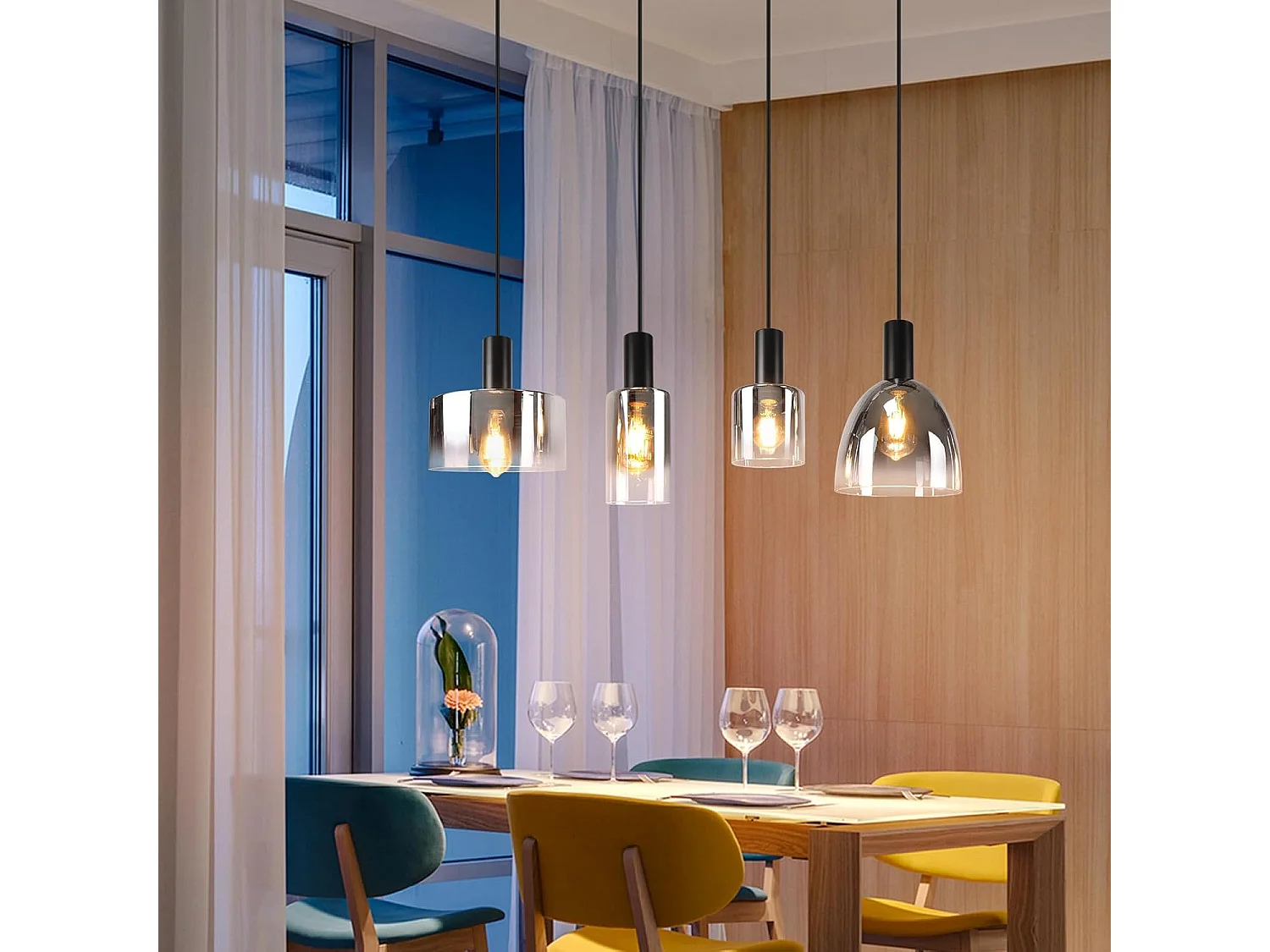 ZMH Suspension Lustre salle à manger 4 flammes E27 gris fumée 180CM Suspension Lustre cage d'escalier