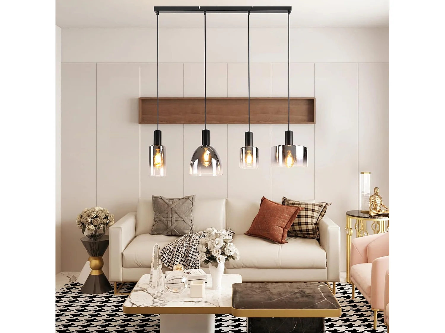 ZMH Suspension Lustre salle à manger 4 flammes E27 gris fumée 180CM Suspension Lustre cage d'escalier