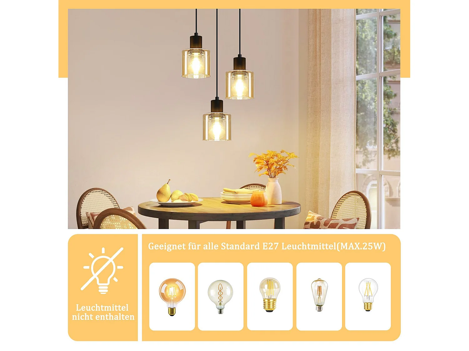 ZMH Suspension Lustre de table à manger vintage noire/ambre E27