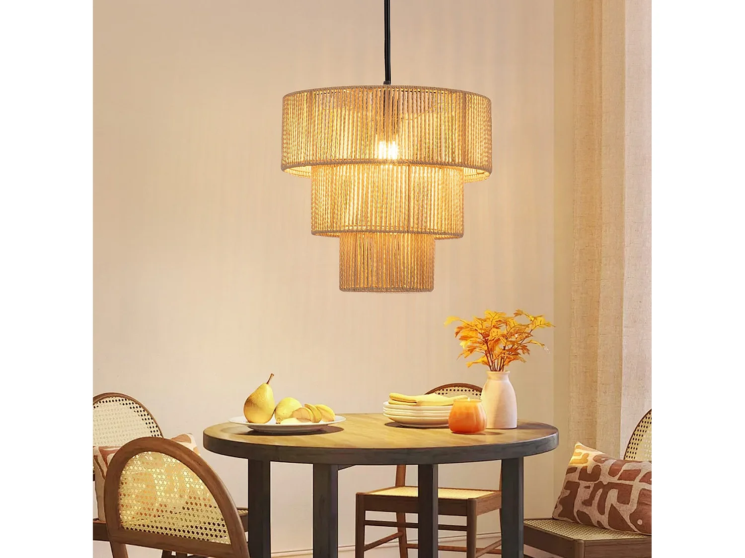 ZMH Suspension Lustre salle à manger 1 flamme Beige Suspension Lustre rotin Boho pour bar restaurant