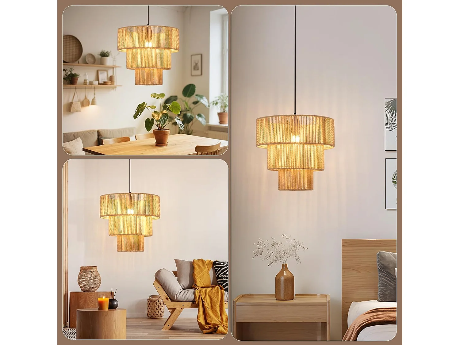 ZMH Suspension Lustre salle à manger 1 flamme Beige Suspension Lustre rotin Boho pour bar restaurant