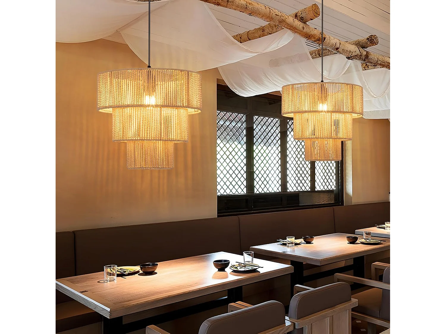 ZMH Suspension Lustre salle à manger 1 flamme Beige Suspension Lustre rotin Boho pour bar restaurant