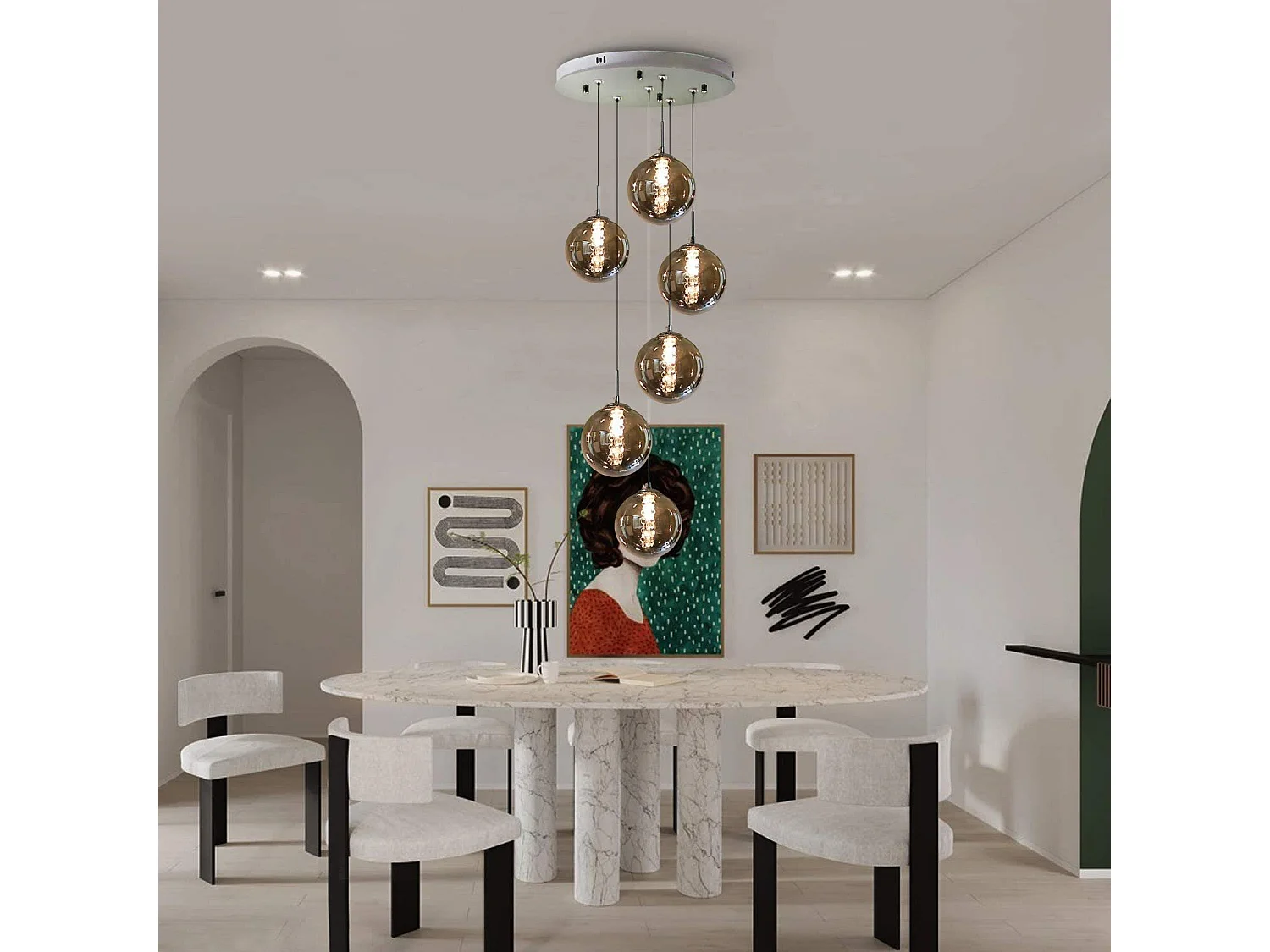 ZMH Suspension Lustre salle à manger 6 lumières Hauteur réglable verre cristal gris