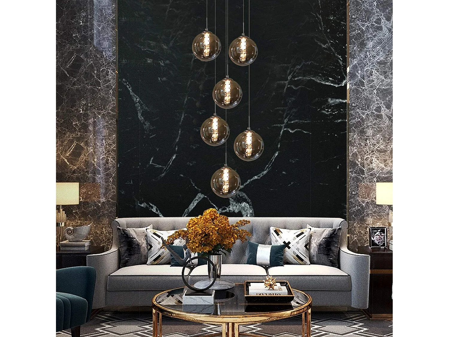 ZMH Suspension Lustre salle à manger 6 lumières Hauteur réglable verre cristal gris