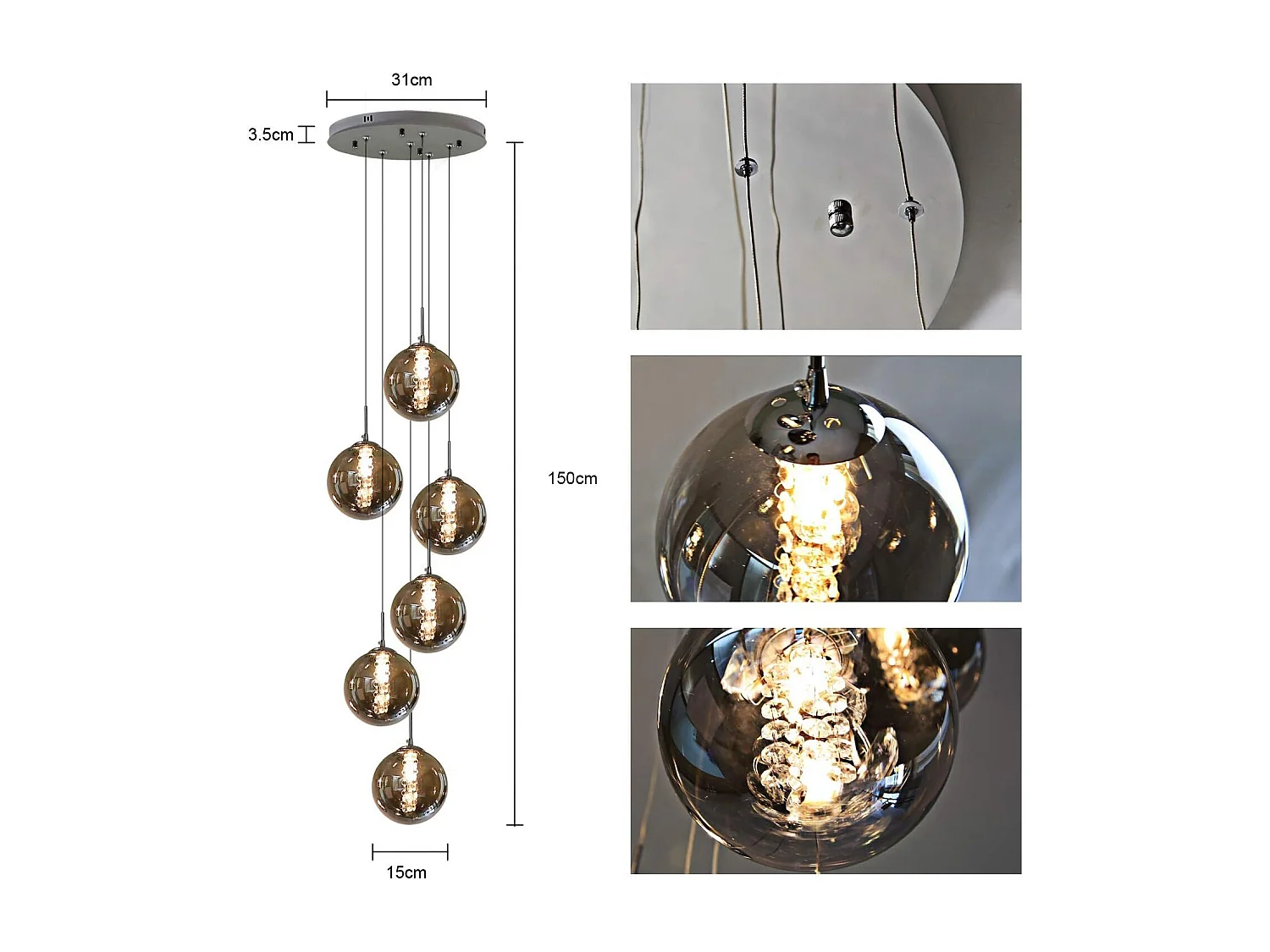 ZMH Suspension Lustre salle à manger 6 lumières Hauteur réglable verre cristal gris
